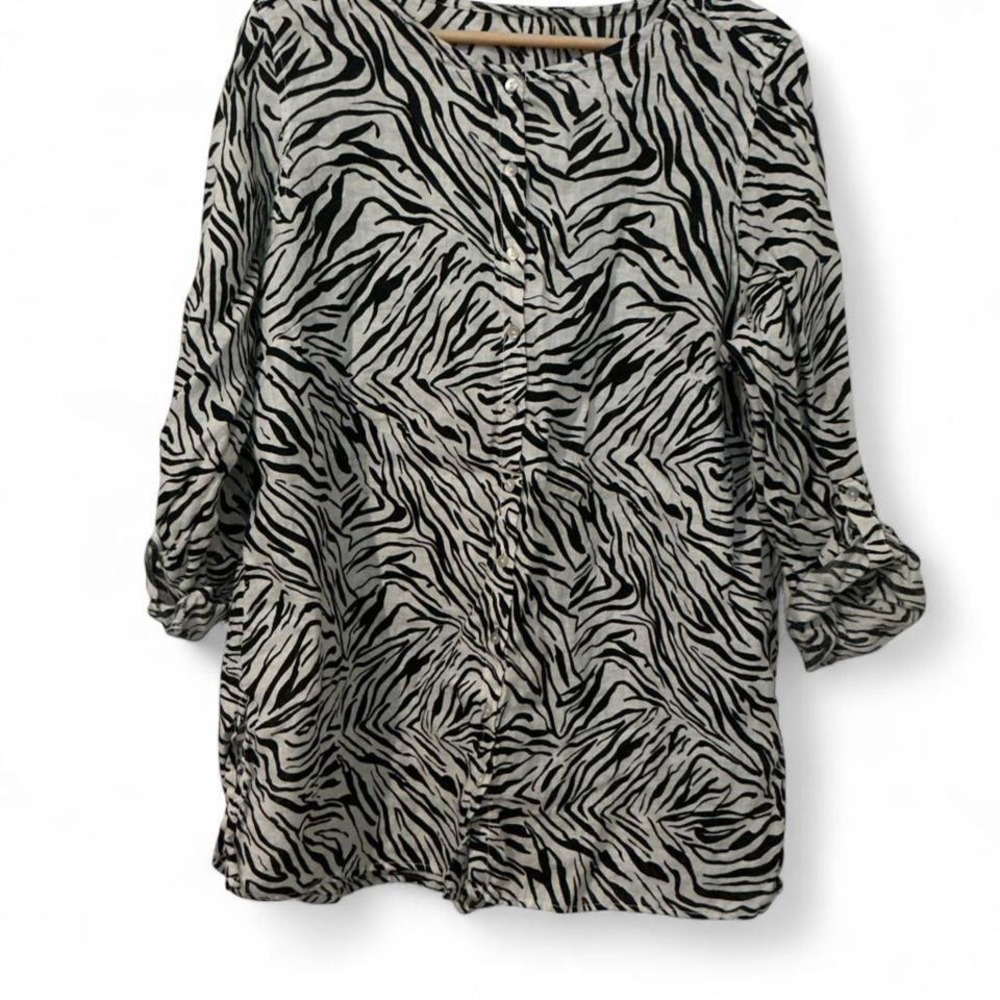 Linen Zebra Print Button Down Shirt Womens L Black White Roll Tab Sleeve Tunic